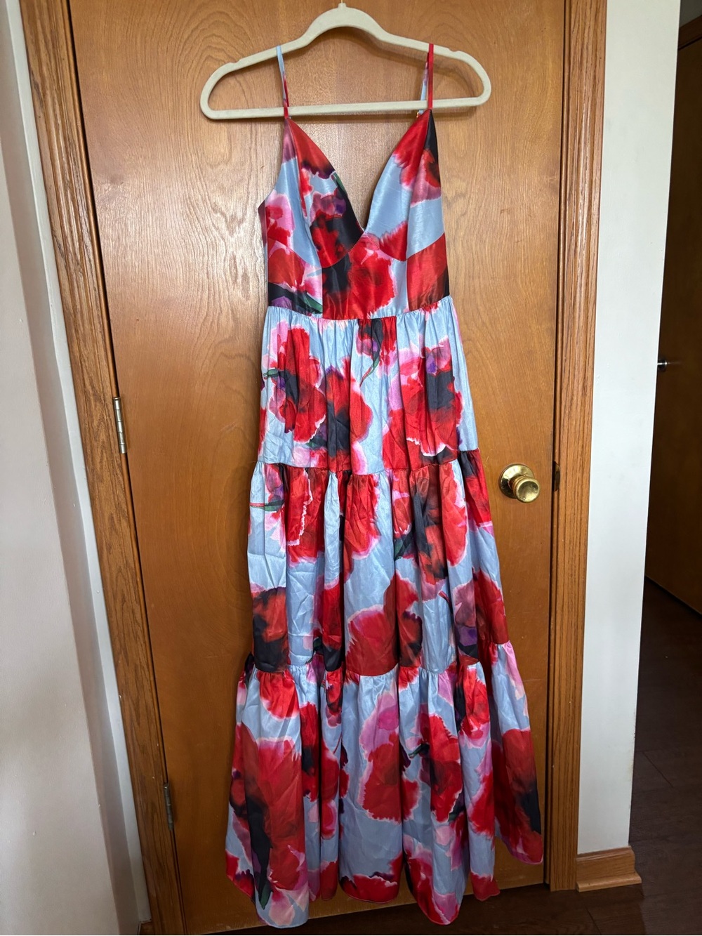 Hutch Red Floral Tiered Maxi Dress with Light Blue Base